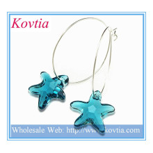 2014 new products blue crystal star dangle sterling silver hoop earring